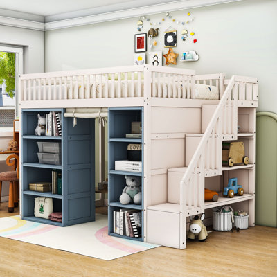 Full Size Loft Bed with 2 Four-layer Storage Cabinets and Curtain,White+Blue by Harriet Bee