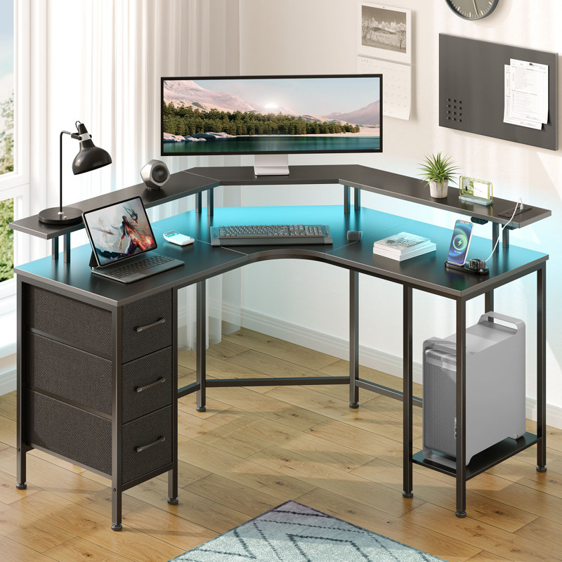 L Shaped Desk with LED Lights & Power Outlets, Computer Desk with Full Monitor Shelf, Black