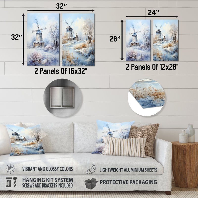 «Snowy Windmill Winter Landscape I - Windmills», ensemble de 2 reproductions d'art en métal, H 28 po x l 24 po