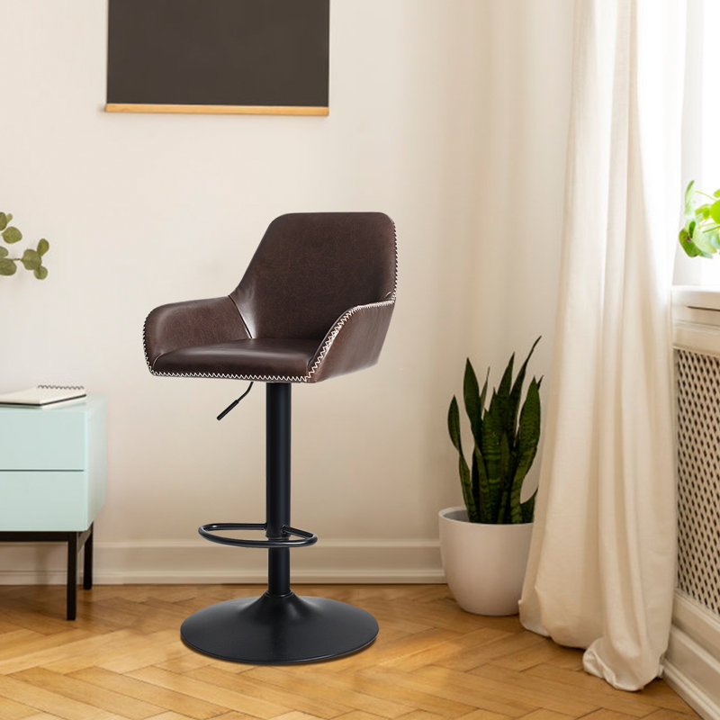 Olveston Swivel Upholstered Iron and Leather Adjustable Height Bar Stool with Iron Frame