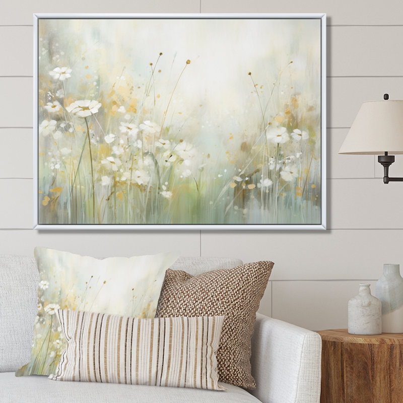 «Green Beige Serene Meadows II - Abstract Botanicals», art mural, H 30 po x l 40 po x P 1,5 po, Cadre flottant blanc