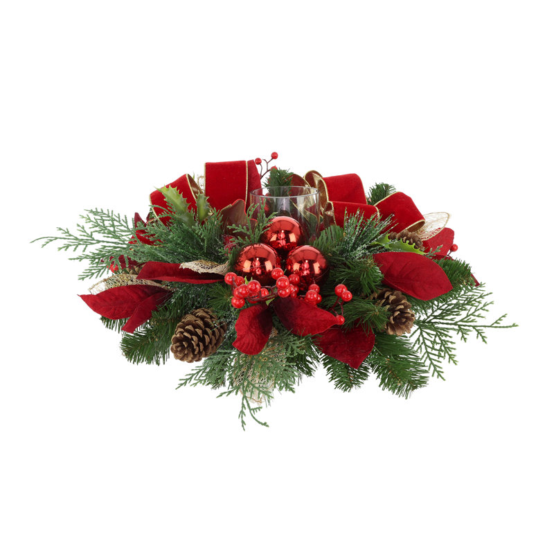 Holiday Candle Holder with Evergreen and Ornaments