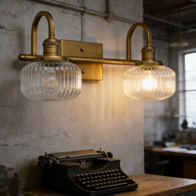 Industrial Wall Sconce With Clear Ribbed Glass Shades, Aged Brass Finish Hardwired Vanity Light For Bathroom, Living Room, Bedroom, And Farmhouse Decor