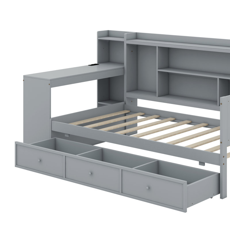Lit de jour simple en bois avec tiroirs et bureau, Gris