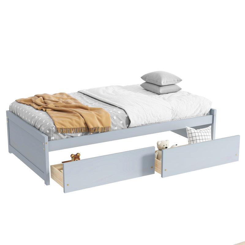 Grey Twin Size Bed Of Solid Rubber Wood, 2 Drawers For Clothing And Storage With Drawers, Wood Bed, Comfortable Sleep Surface, Ample Drawer Capacity