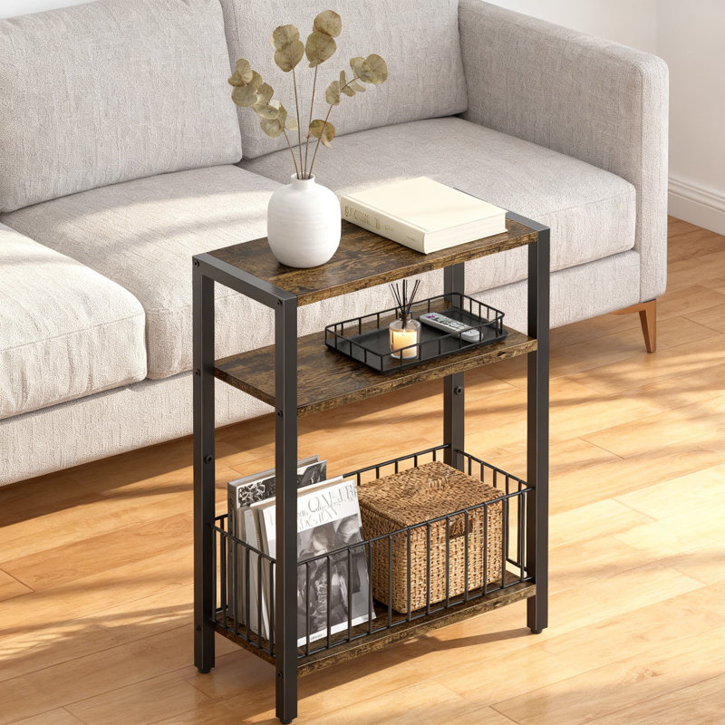 Slim Side Table With Storage Basket, 3-Tier Narrow End Table For Small Spaces, Space-Saving Nightstand For Living Room And Bedroom
