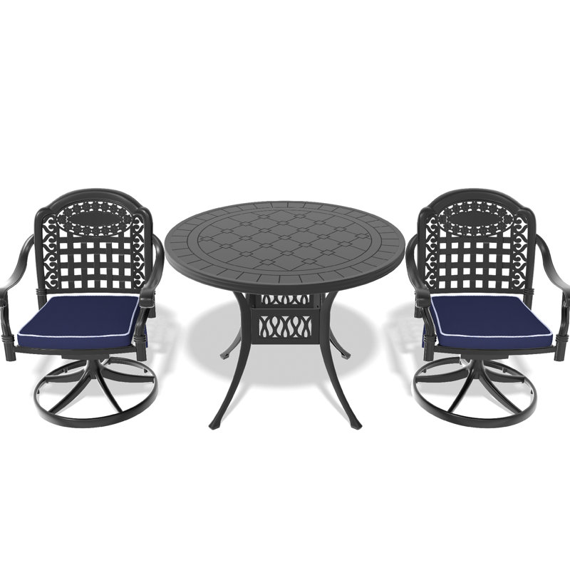 Table ronde et 2 chaises pivotantes de 39,37 po, aluminium coulé, noir, résistant aux intempéries, siège confortable Aluminium toutes saisons: 3 avec table, espace confortable