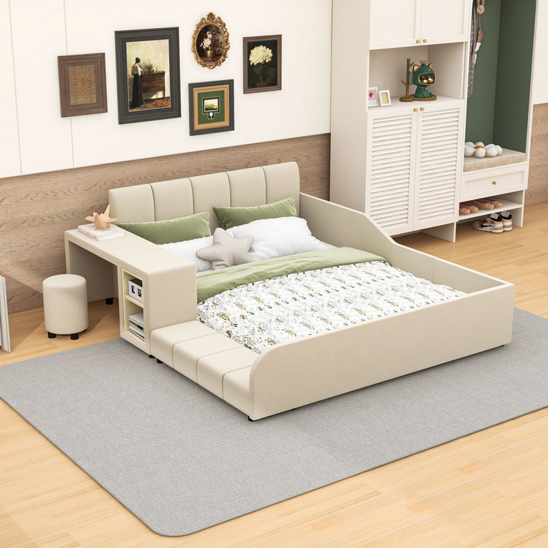 Lit plateforme tapissier luxueux en velours avec bureau, tabouret rond et rails de sécurité, Double, Beige