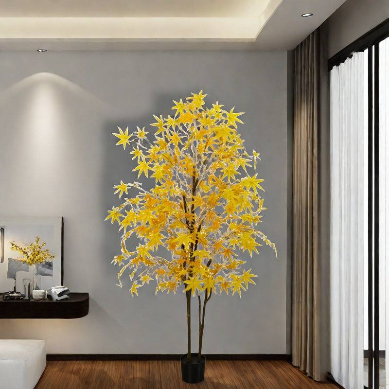 Artificial Maple Tree, Faux Yellow Maple Leaves Silk Maple Tree With Planter, 70.87" H x 5" W x 5" D