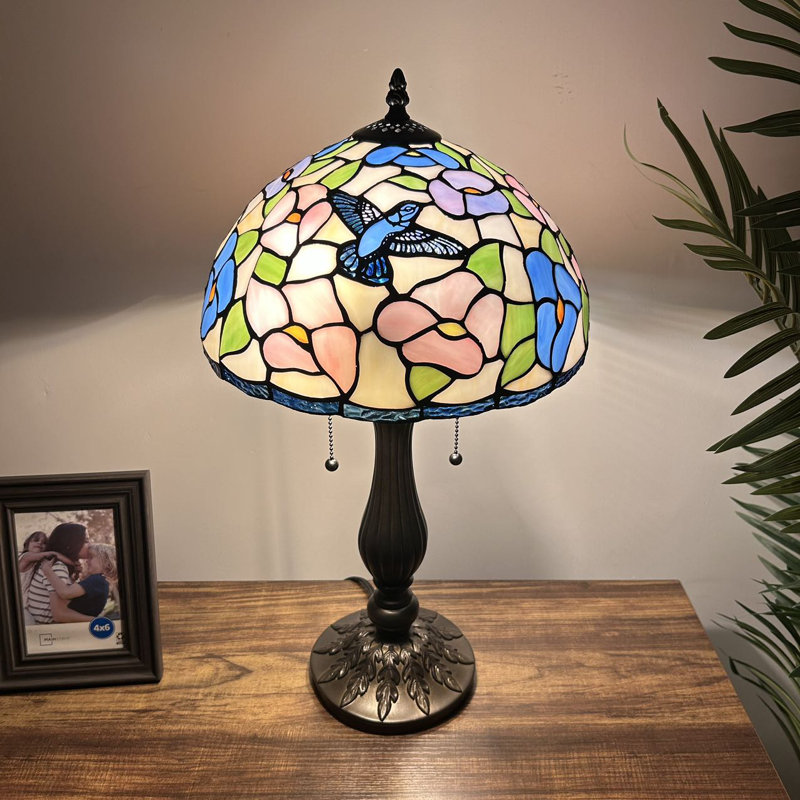 Bernhardus Tiffany Table Lamp Hummingbird Flowers Pink Blue Stained Glass Included LED Bulbs H22"