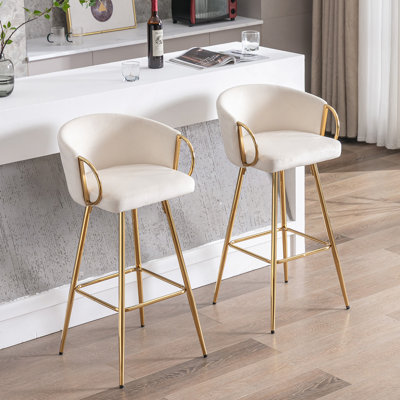 Tabourets de bar 30 pouces en velours avec repose-pieds chromé et pieds dorés, ensemble de 2