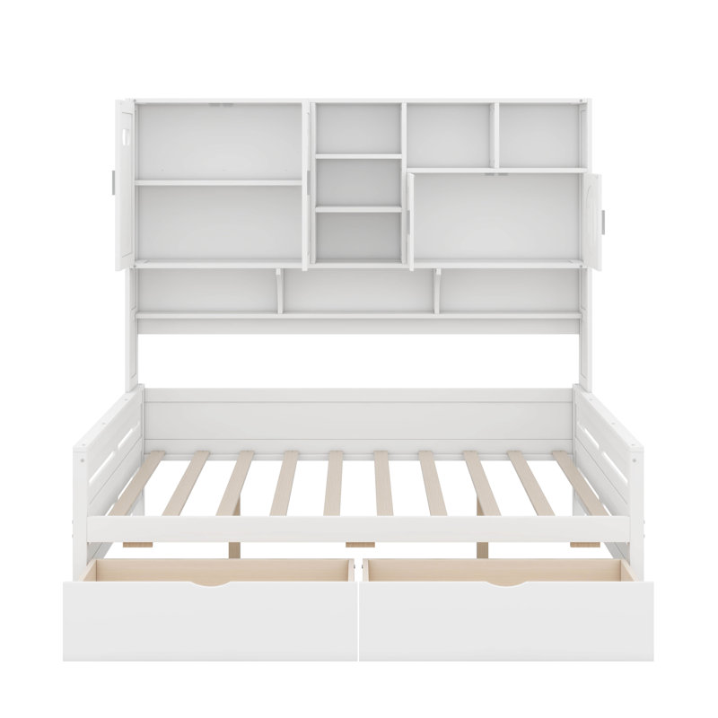 Lit de jour double en bois avec 2 tiroirs, armoire et tablettes, Blanc