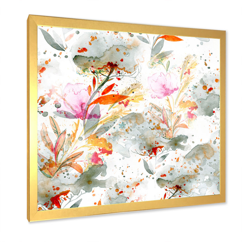 Herbe et plumes en couleurs d'automne I - Peinture sur toile, H 37,5 po x l 37,5 po x P 1,5 po, Cadre doré