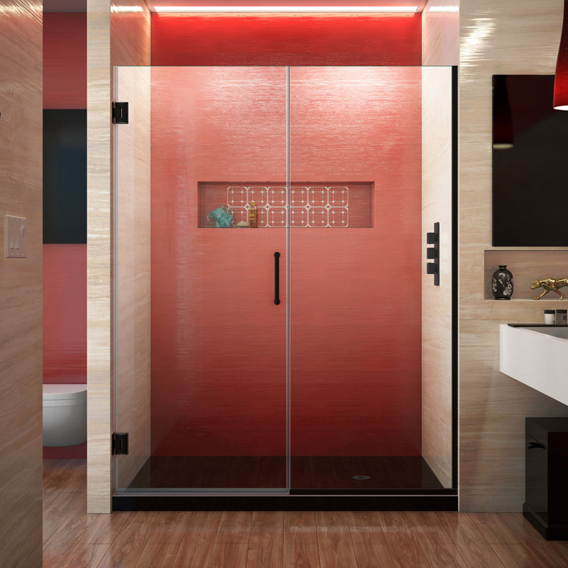 Unidoor Plus 57.5" W x 72" H Pivot Frameless Shower Door with ClearMax™ Technology, Clear Glass, Matte Black
