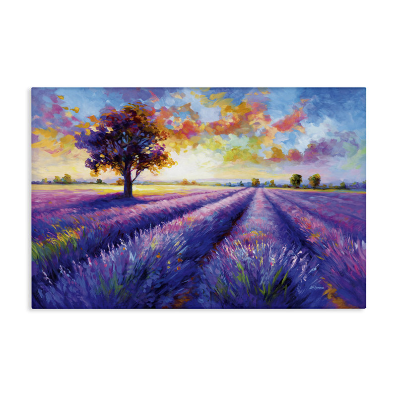 Art mural sur toile Lavender Field Landscape Sunset, design par Leon Devenice, H 16 po x l 24 po