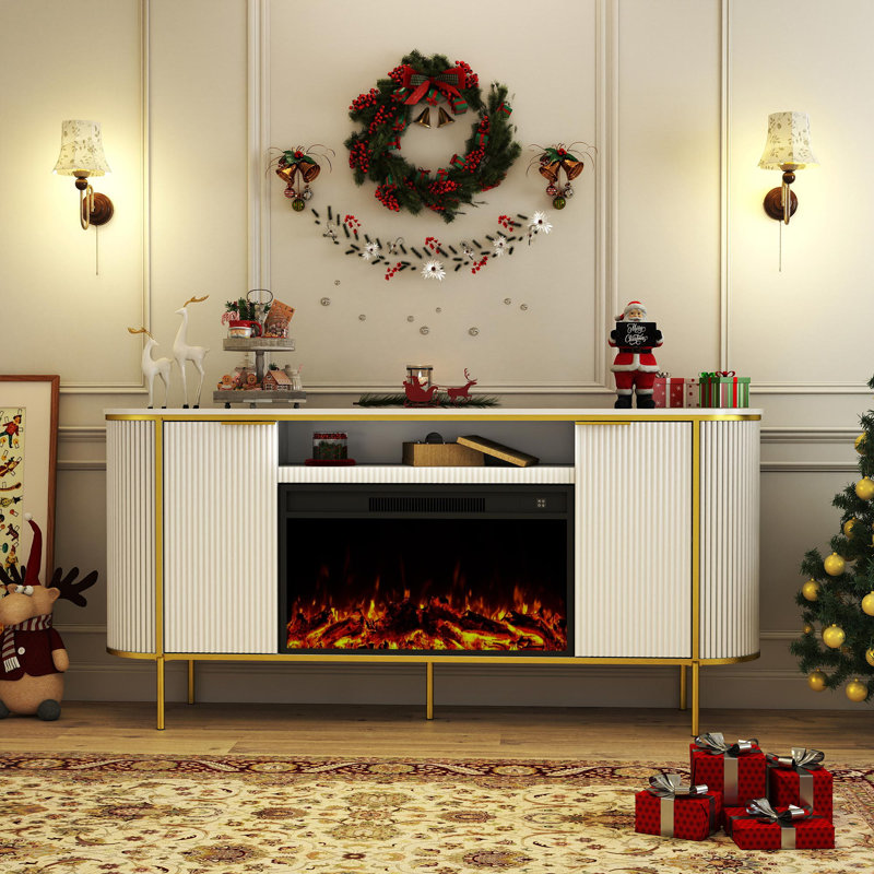70"W Media Console TV Stand for TVs up to 78" with Electric Fireplace Included