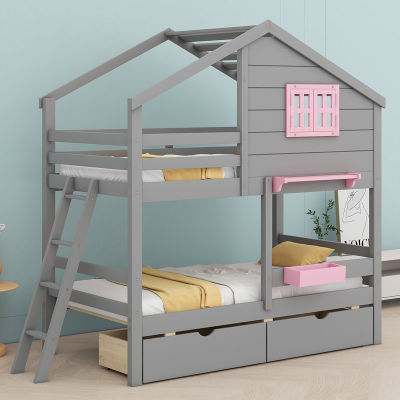 Lit superposé avec 2 tiroirs, 1 boîte de rangement, 1 tablette, fenêtre et toit, Gris