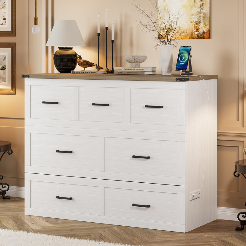 Murphy Bed Cabinet with Charging Station, Multi-Functional Foldable Platform Bed with 1 Large Storage Drawer for Guest Room, Small Bedroom