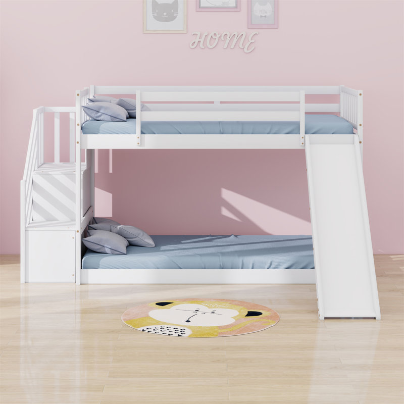 Lit superposé avec glissière convertible et escalier, Blanc