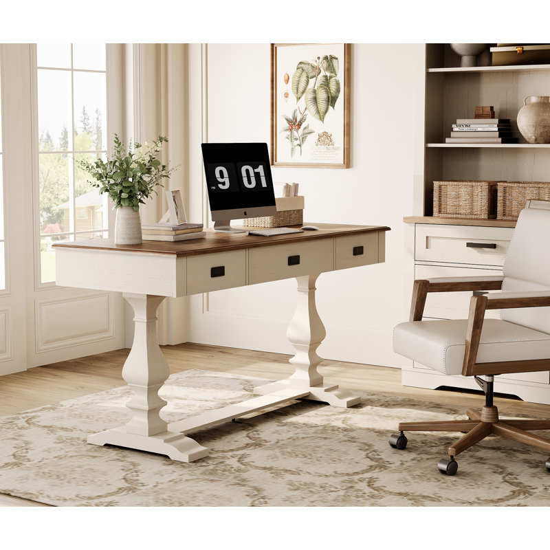 Laziza 60-inch Vintage Executive Desk with Charging Station,  featuring T-Style Solid Wood Legs with Anti-slip Tips, 3 Deep Drawers and Ergonomic Scalloped Edges