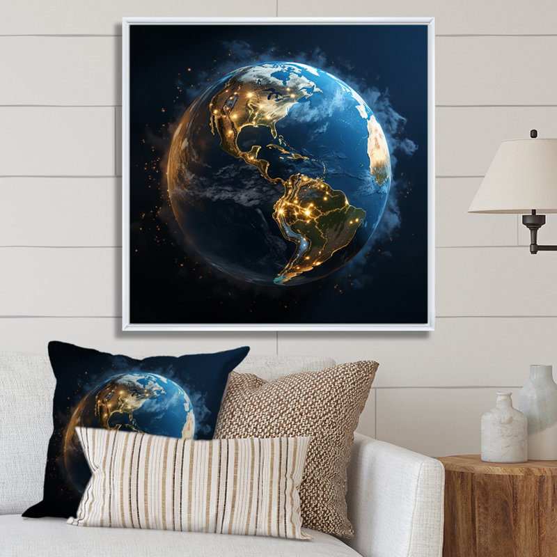 Earth Lights From Space I - Space Planet Canvas Art Print, H 36 po x l 36 po x P 1,5 po, Cadre flottant blanc