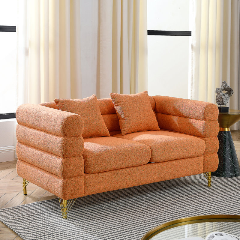 60Inch Oversized 2 Seater Sectional Sofa, Living Room Comfort Fabric Sectional Sofa-Deep Seating Sectional Sofa, Soft Sitting With 2 Pillows For Living Room,Bedroom,Office,Orange Teddy(W834S00031)