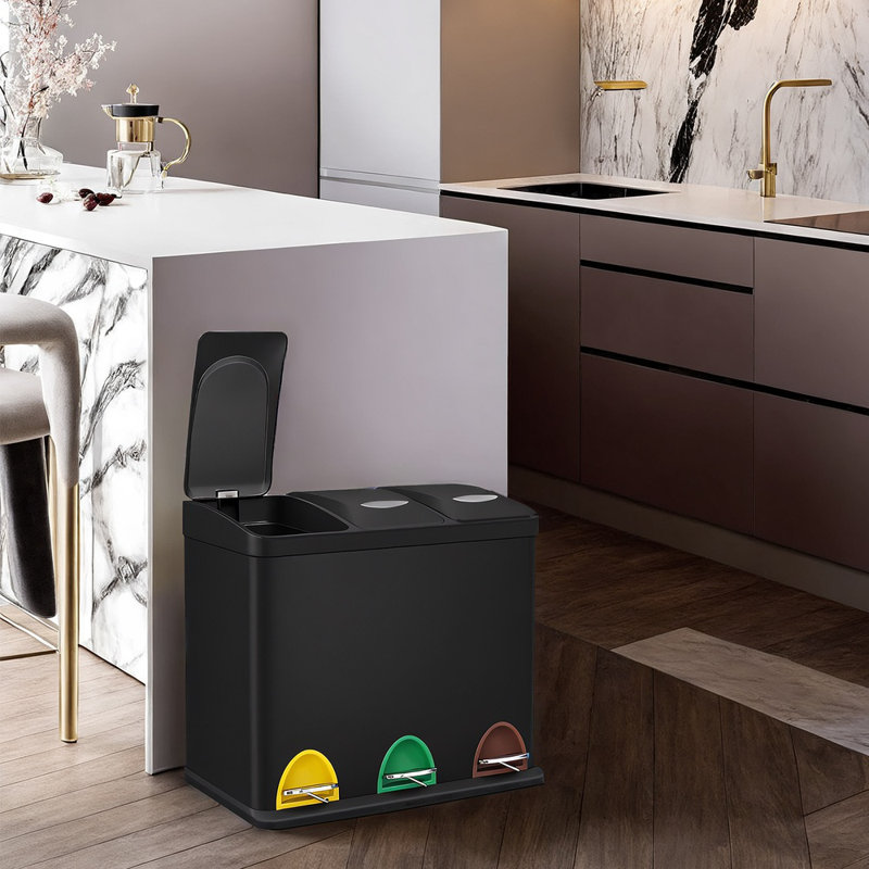 Recycling Bin, Double Trash Can, 2 X 24L, With 2 Compartments, Soft-Close Lids, Pedals, Plastic Inner Buckets And Carry Handles