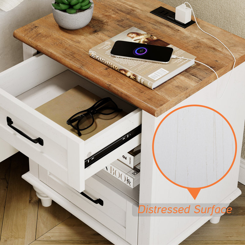 Endymion - Drawer End Table Set and Built-In Outlets, Brown Top/White Base