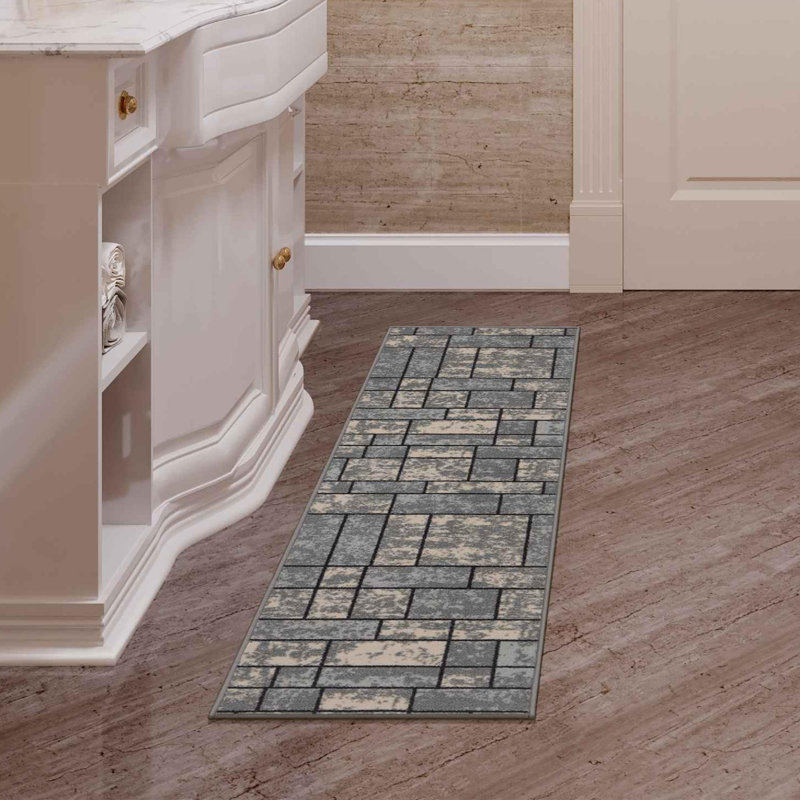 Ottohome Non-Slip Boxes Area Rug For Living Room, Hallway, Gray, Rectangle 1'8" x 4'11"
