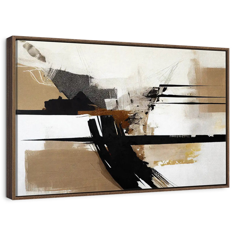 Beige stries chaotiques I, Cadre flottant noyer, 31 po x 21 po