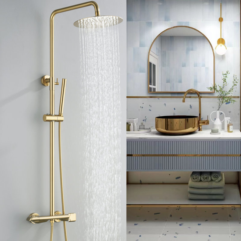 10" Wall Mounted Exposed Thermostatic Height Adjustable Shower Faucet Set with Handheld Shower