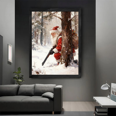 «Black Christmas Vintage encadré père Noël dans la forêt enneigée», reproduction d'art encadrée