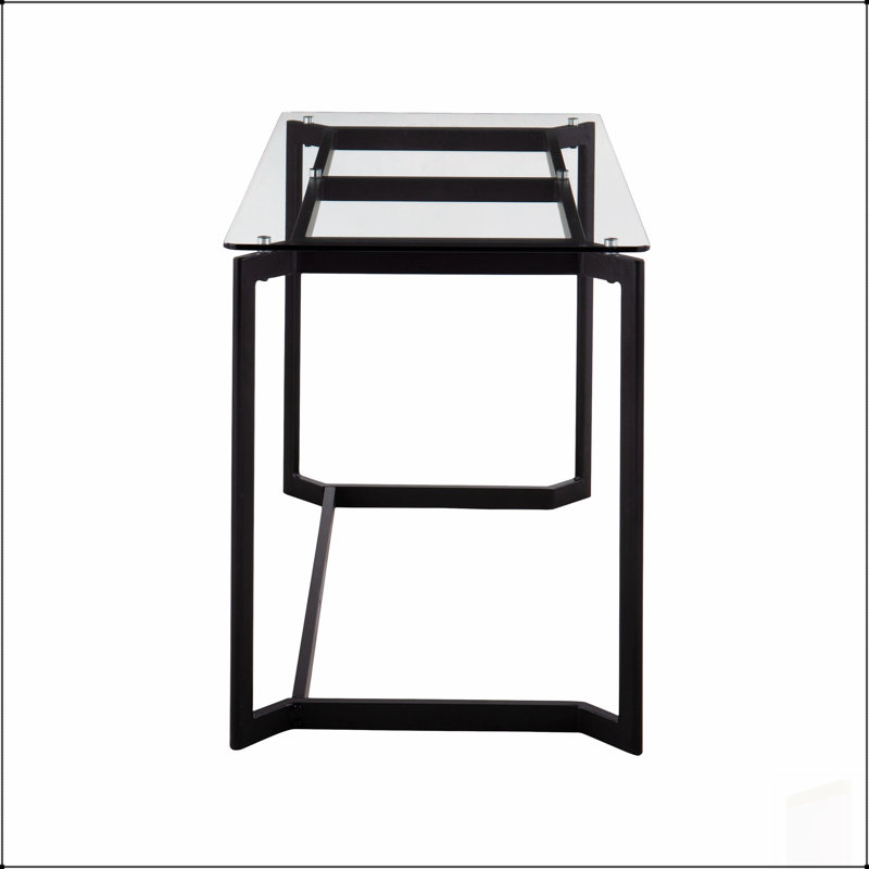 Bureau moderne avec cadre en acier noir élégant et plateau en verre trempé transparent, parfait pour un usage domestique et professionnel.