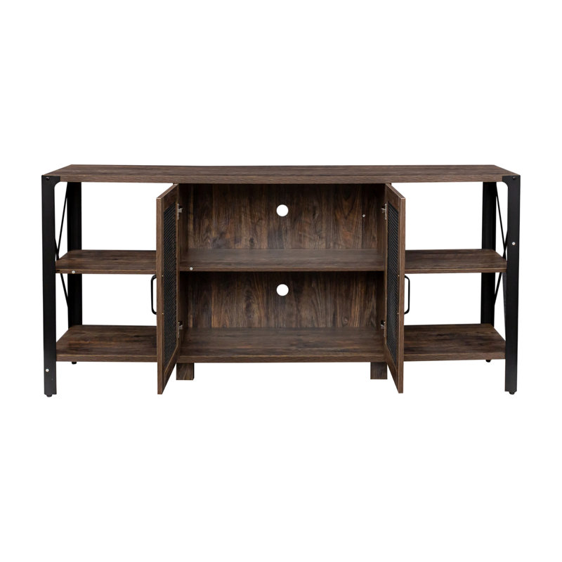 Ruvi Industrial Farmhouse TV Stand, Wood & Metal, Open Shelf, Living Room/Bedroom, Espresso