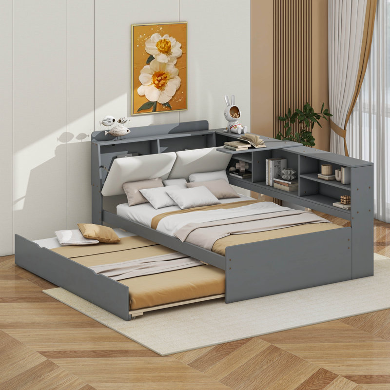 Lit plateforme en bois avec lit gigogne, tablettes et tête de lit, gris