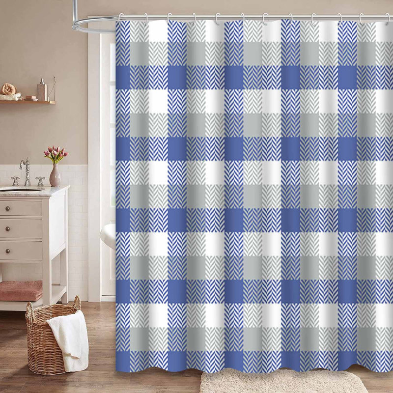 Rideau de douche à chevrons à carreaux gris et bleu avec 12 crochets, L 72 po x l 84 po