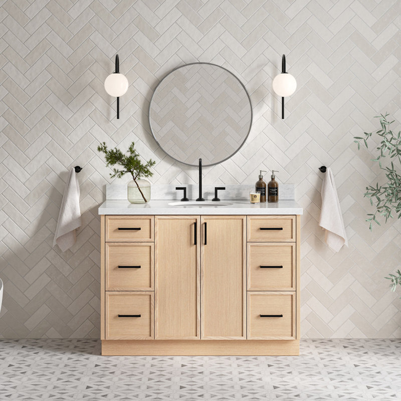 ARIEL Kellie 49 Single Sink Bathroom Vanity with Italian Carrara Marble Top, Oak, 49"
