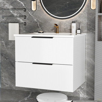 Meuble-lavabo 24 po avec lavabo en céramique - Meuble-lavabo mural flottant cannelé avec tiroirs