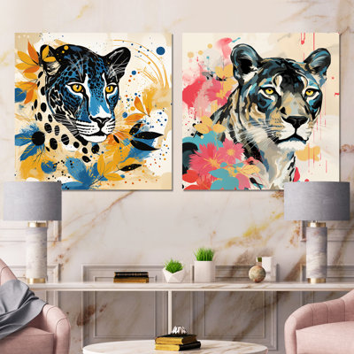 Yellow And Blue Leopard Collage IV - Leopard Canvas Prints Set Of 2