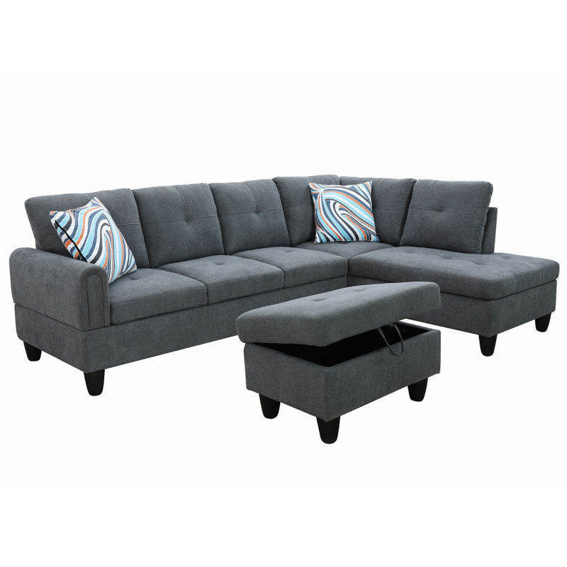 Tatman Upholstered L-Shaped Sectional, Gray Velvet, Right Hand Facing