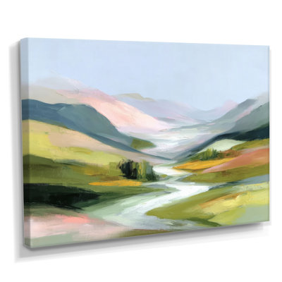 «Green and Pink Winter Mountain and Lake Scenery - Mountains Wall Art, Green Landscape», reproduction d'art sur toile