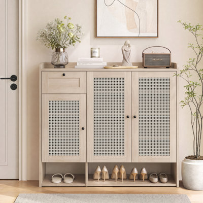 Bamboo Rattan Shoe Cabinet – Narrow Entryway Organizer with Drawer & Shelf