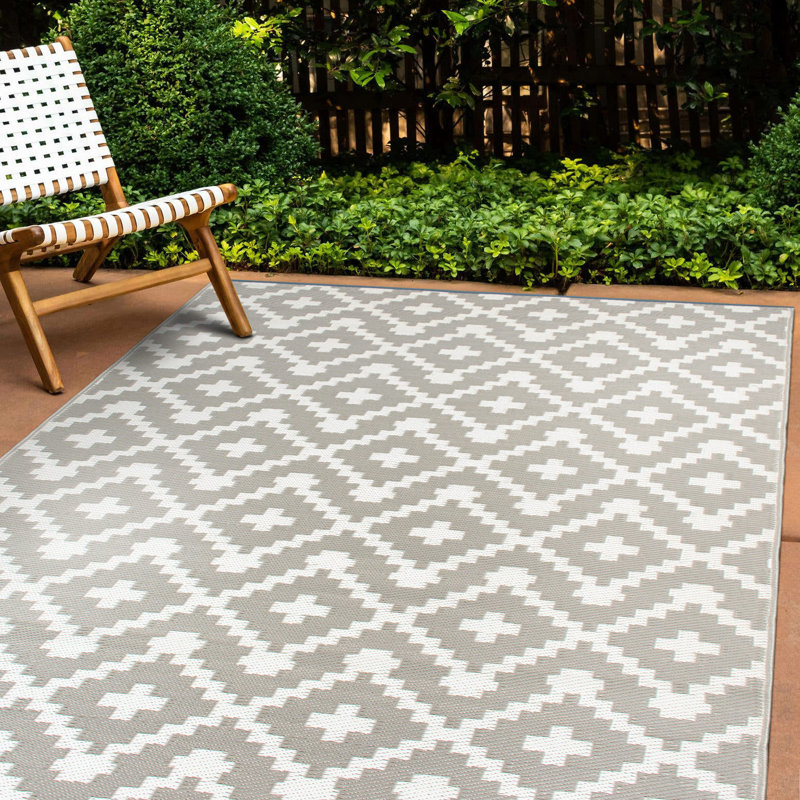 Tapis gris / beige en plastique tissé à la machine Rectangle Iklim, Rectangle 5 pi x 7 pi