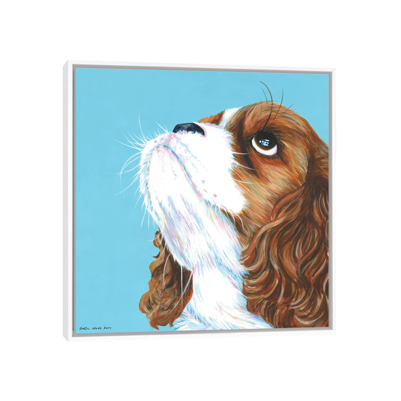 King Charles Cavalier On Aqua, Square by Kirstin Wood - Painting on Canvas, 45.72 cm H x 45.72 cm W, White Framed