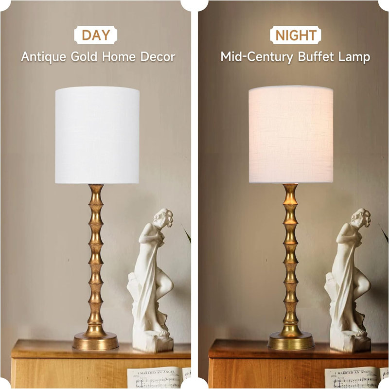 30.5" Gold Bamboo Candlestick Buffet Lamps with White Shades