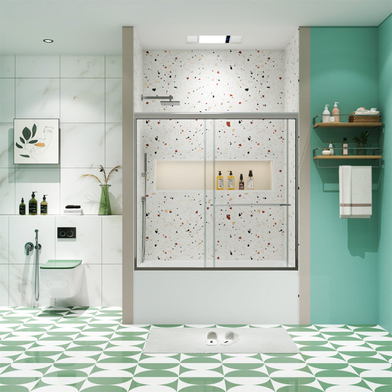 Chrome 58" x 56" Tempered Glass Sliding Shower Door