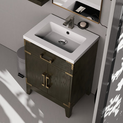 24 po De salle de bain en chêne brun, avec comptoir en acrylique, miroir, meuble-lavabo simple en chêne, comptoir,