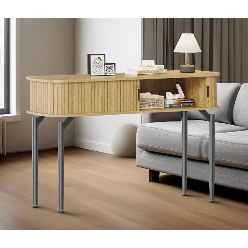 Console Table With Storage,wood Sofa Console Table With Sliding Door, Oak Wood