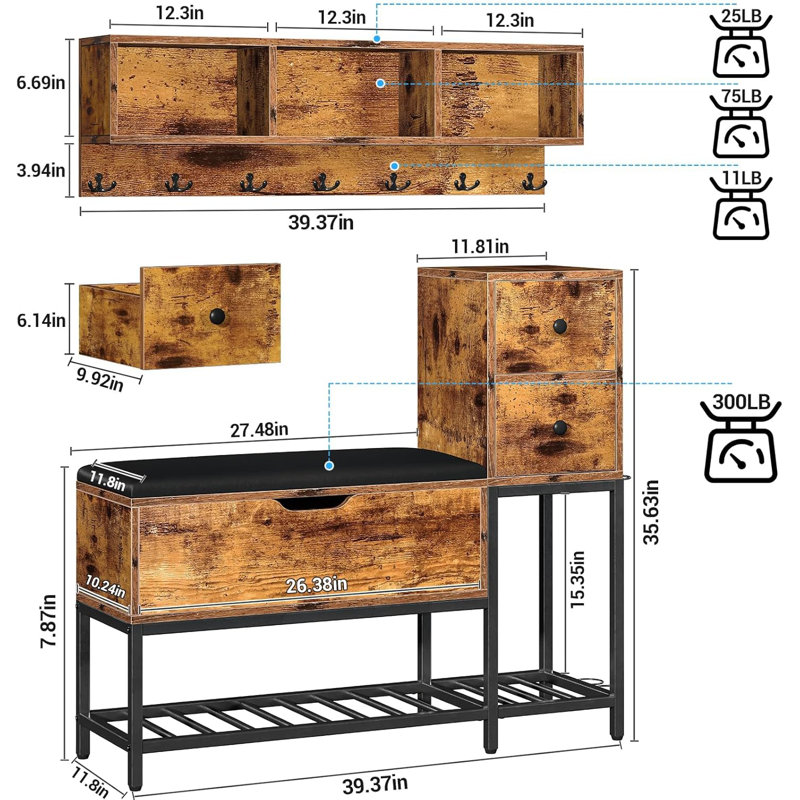 39" Coat Rack Shoe Bench Set With Flip Top Box And 2 Drawers,Yacchi Home Entryway Bench With Shoe Storage,7 In 1 Entryway Bench With Coat Rack, Storage Bench With 7 Coat Hooks& 2 Umbrella -Rustic Wood