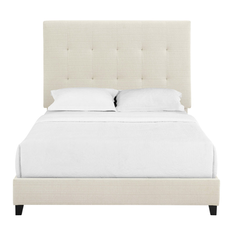 Lit beige moderne avec structure solide et tête de lit rembourrée de grande taille